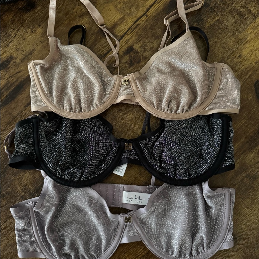 Nicole Miller Shimmery Nude, Black & Silver Underwire Bras - Set of 3